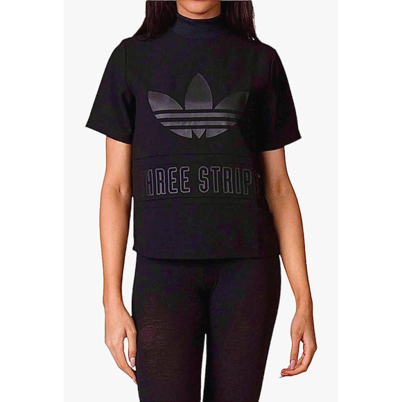 Adidas Black Trefoil Three Stripe Graphic Mock Neck Back Zip Short Sleeve Top S - Picture 1 of 12